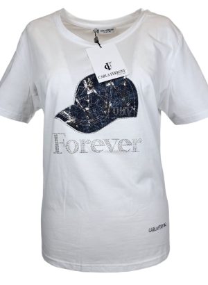 CARLA FERRONI T-SHIRT DA DONNA IN COTONE ELASTICIZZATO CON STAMPE E PAILLETTES