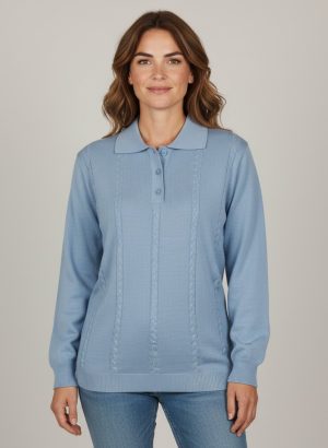 WHITE FLOWERS POLO DA DONNA IN LANA CELESTE